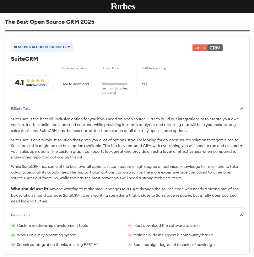 SuiteCRM - Forbes Advisor - Mejor CRM 2025 - Comentarios del Editor