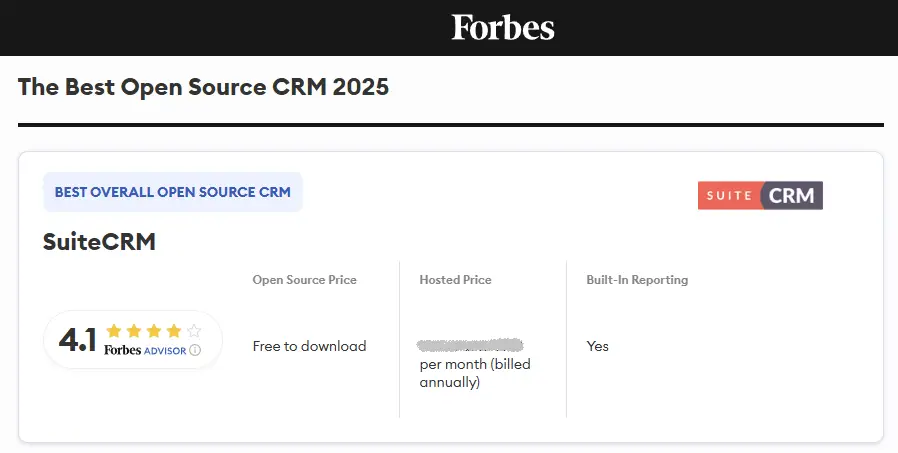 SuiteCRM - Forbes Advisor - Best CRM 2025
